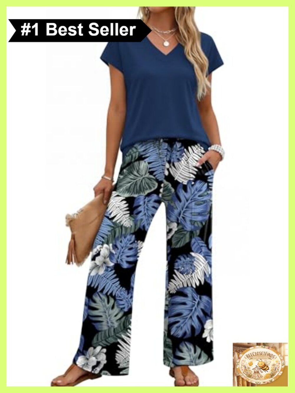 Women's 2 Piece Wide Leg Pant Set V Neck Cap Sleeve Top Casual Travel